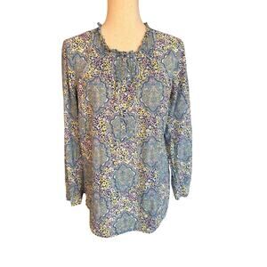 Talbots Blouse Womens Blue Floral Size Medium Cotton Popover EUC